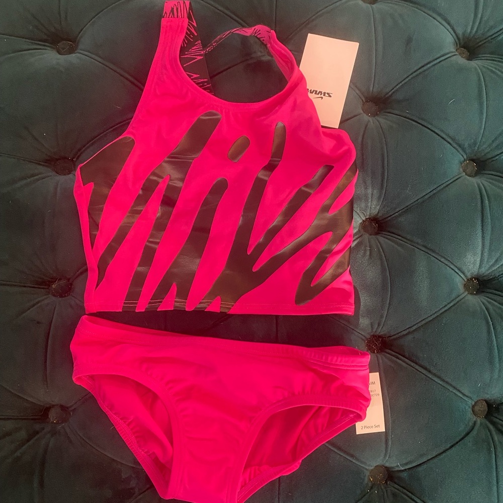 Nike Girl’s Bright Pink Two-Piece Swim Set with Black Zebra Print